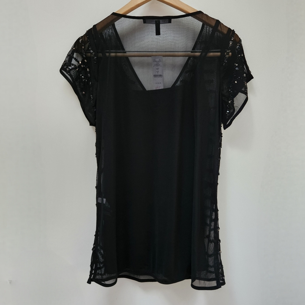 White House Black Market Split Sleeve OTT Tunic, Sequins Black Sz S NWT - Picture 2 of 7